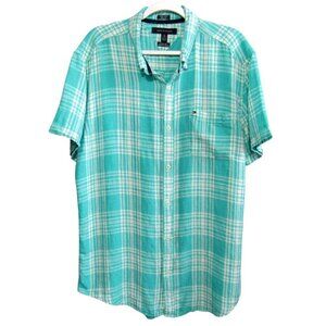 Tommy Hilfiger 100% Linen Custom Fit Green White Plaid Short Sleeve Shirt Sz XL